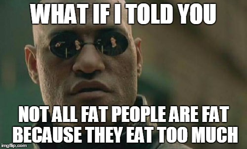 Matrix Morpheus | WHAT IF I TOLD YOU NOT ALL FAT PEOPLE ARE FAT BECAUSE THEY EAT TOO MUCH | image tagged in memes,matrix morpheus | made w/ Imgflip meme maker