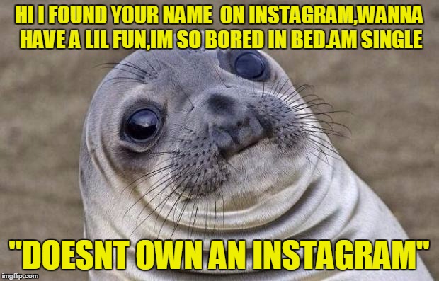 Awkward Moment Sealion | HI I FOUND YOUR NAME  ON INSTAGRAM,WANNA HAVE A LIL FUN,IM SO BORED IN BED.AM SINGLE "DOESNT OWN AN INSTAGRAM" | image tagged in memes,awkward moment sealion | made w/ Imgflip meme maker