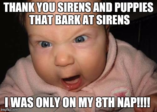 Evil Baby Meme | THANK YOU SIRENS AND PUPPIES THAT BARK AT SIRENS I WAS ONLY ON MY 8TH NAP!!!! | image tagged in memes,evil baby | made w/ Imgflip meme maker