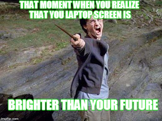 Harry Potter Yelling | THAT MOMENT WHEN YOU REALIZE THAT YOU LAPTOP SCREEN IS BRIGHTER THAN YOUR FUTURE | image tagged in harry potter yelling | made w/ Imgflip meme maker