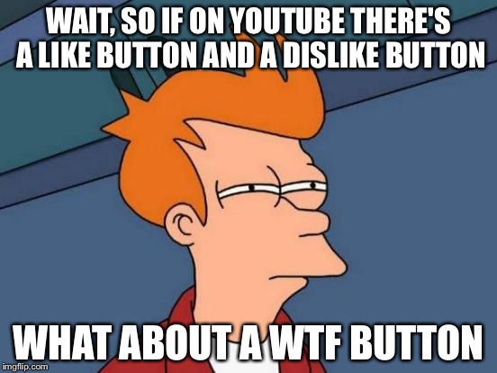 Futurama Fry Meme | WAIT, SO IF ON YOUTUBE THERE'S A LIKE BUTTON AND A DISLIKE BUTTON WHAT ABOUT A WTF BUTTON | image tagged in memes,futurama fry | made w/ Imgflip meme maker