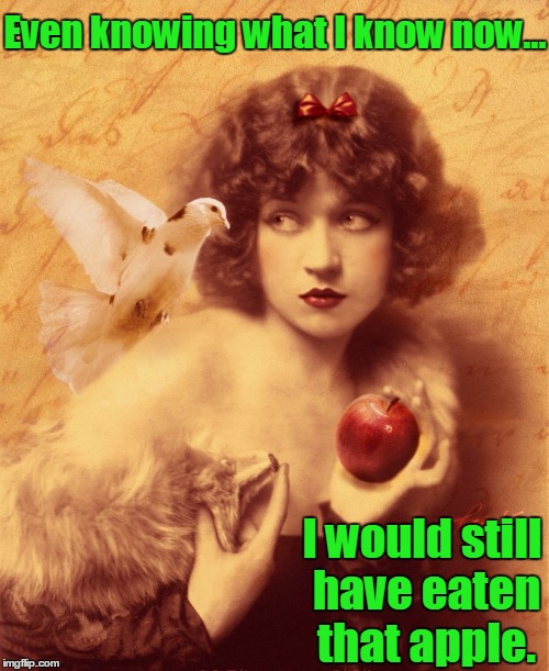 Even Knowing What I Know Now... | Even knowing what I know now... I would still have eaten that apple. | image tagged in vince vance,snow white,adam and eve,dove,men are idiots,a sucker for a pretty face | made w/ Imgflip meme maker