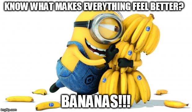 Minion Bananas | KNOW WHAT MAKES EVERYTHING FEEL BETTER? BANANAS!!! | image tagged in minion bananas | made w/ Imgflip meme maker