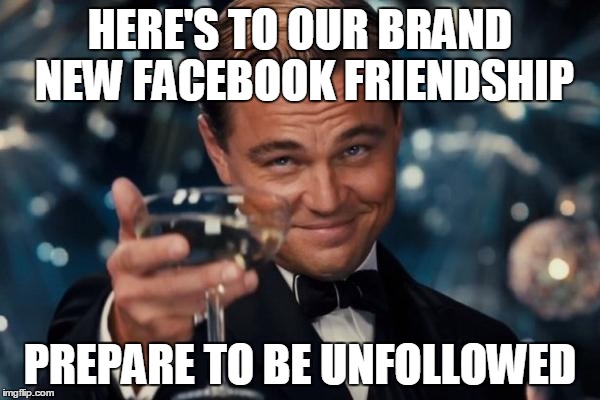 Leonardo Dicaprio Cheers | HERE'S TO OUR BRAND NEW FACEBOOK FRIENDSHIP PREPARE TO BE UNFOLLOWED | image tagged in memes,leonardo dicaprio cheers | made w/ Imgflip meme maker