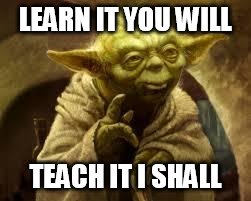 yoda | LEARN IT YOU WILL TEACH IT I SHALL | image tagged in yoda | made w/ Imgflip meme maker