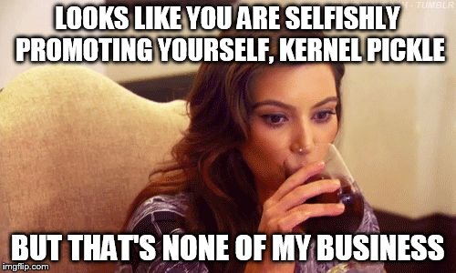 Kardashian Sipping | LOOKS LIKE YOU ARE SELFISHLY PROMOTING YOURSELF, KERNEL PICKLE BUT THAT'S NONE OF MY BUSINESS | image tagged in kardashian sipping | made w/ Imgflip meme maker