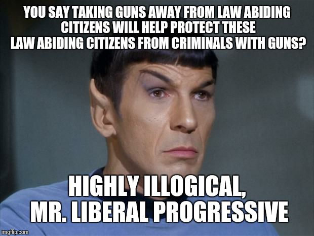 Spock | YOU SAY TAKING GUNS AWAY FROM LAW ABIDING CITIZENS WILL HELP PROTECT THESE LAW ABIDING CITIZENS FROM CRIMINALS WITH GUNS? HIGHLY ILLOGICAL,  | image tagged in spock | made w/ Imgflip meme maker