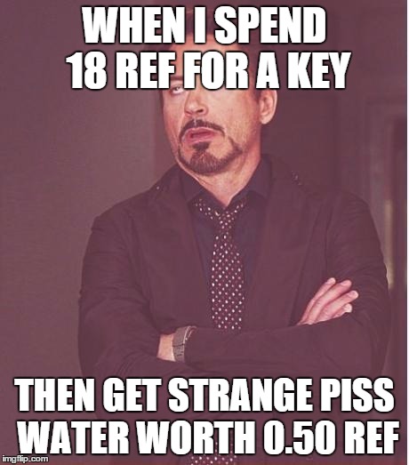 Face You Make Robert Downey Jr | WHEN I SPEND 18 REF FOR A KEY THEN GET STRANGE PISS WATER WORTH 0.50 REF | image tagged in memes,face you make robert downey jr,tf2 | made w/ Imgflip meme maker