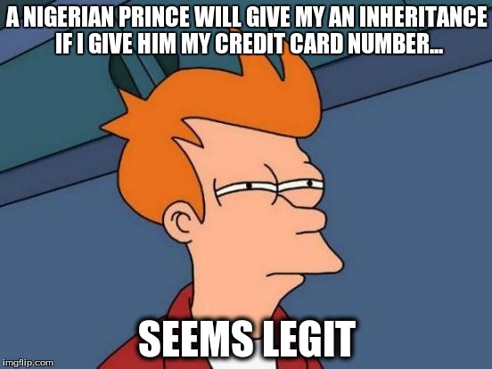 Futurama Fry Meme | A NIGERIAN PRINCE WILL GIVE MY AN INHERITANCE IF I GIVE HIM MY CREDIT CARD NUMBER... SEEMS LEGIT | image tagged in memes,futurama fry | made w/ Imgflip meme maker