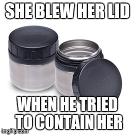 SHE BLEW HER LID WHEN HE TRIED TO CONTAIN HER | image tagged in funny | made w/ Imgflip meme maker