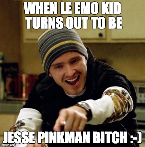 Jesse Pinkman | WHEN LE EMO KID TURNS OUT TO BE JESSE PINKMAN B**CH :-) | image tagged in jesse pinkman | made w/ Imgflip meme maker