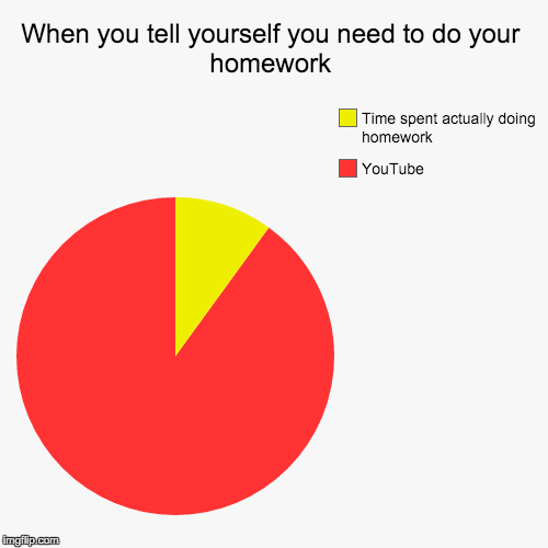 When you tell yourself you need to do your homework | image tagged in funny,pie charts,youtube,homework | made w/ Imgflip chart maker
