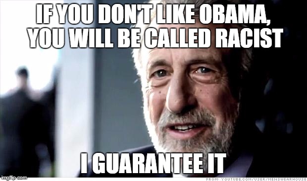 I Guarantee It | IF YOU DON'T LIKE OBAMA, YOU WILL BE CALLED RACIST I GUARANTEE IT | image tagged in memes,i guarantee it,not a racist | made w/ Imgflip meme maker