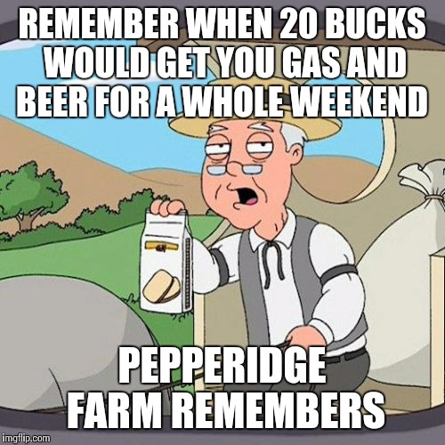 Pepperidge Farm Remembers | REMEMBER WHEN 20 BUCKS WOULD GET YOU GAS AND BEER FOR A WHOLE WEEKEND PEPPERIDGE FARM REMEMBERS | image tagged in memes,pepperidge farm remembers | made w/ Imgflip meme maker