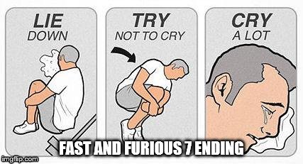 Some memes don't need titles. | FAST AND FURIOUS 7 ENDING | image tagged in memes,cry a lot,fast and furious | made w/ Imgflip meme maker