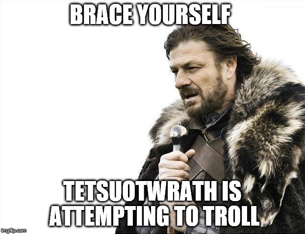 Brace Yourselves X is Coming | BRACE YOURSELF TETSUOTWRATH IS ATTEMPTING TO TROLL | image tagged in memes,brace yourselves x is coming | made w/ Imgflip meme maker