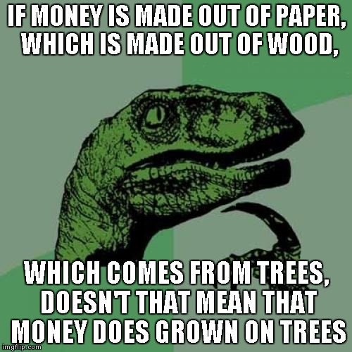 Philosoraptor Meme | IF MONEY IS MADE OUT OF PAPER, WHICH IS MADE OUT OF WOOD, WHICH COMES FROM TREES, DOESN'T THAT MEAN THAT MONEY DOES GROWN ON TREES | image tagged in memes,philosoraptor | made w/ Imgflip meme maker