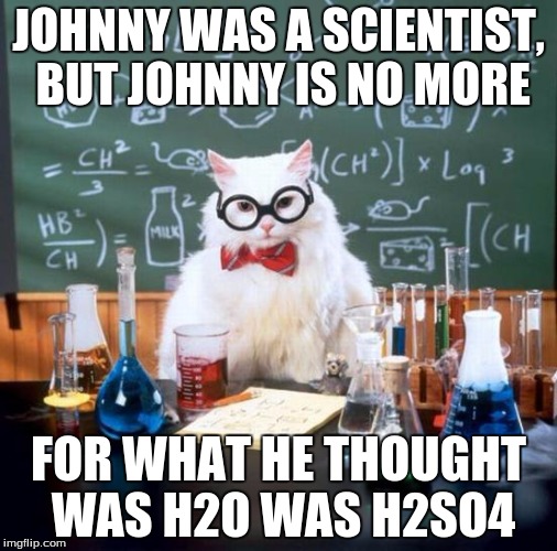 Chemistry Cat | JOHNNY WAS A SCIENTIST, BUT JOHNNY IS NO MORE FOR WHAT HE THOUGHT WAS H2O WAS H2SO4 | image tagged in memes,chemistry cat | made w/ Imgflip meme maker
