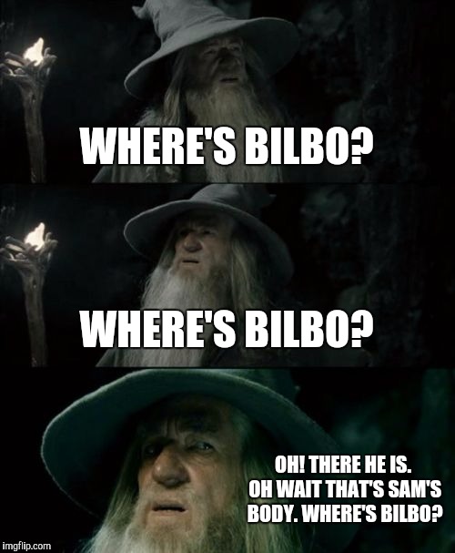 Confused Gandalf | WHERE'S BILBO? WHERE'S BILBO? OH! THERE HE IS. OH WAIT THAT'S SAM'S BODY. WHERE'S BILBO? | image tagged in memes,confused gandalf | made w/ Imgflip meme maker