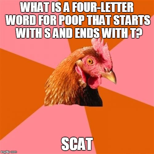 Anti Joke Chicken Meme | WHAT IS A FOUR-LETTER WORD FOR POOP THAT STARTS  WITH S AND ENDS WITH T? SCAT | image tagged in memes,anti joke chicken | made w/ Imgflip meme maker