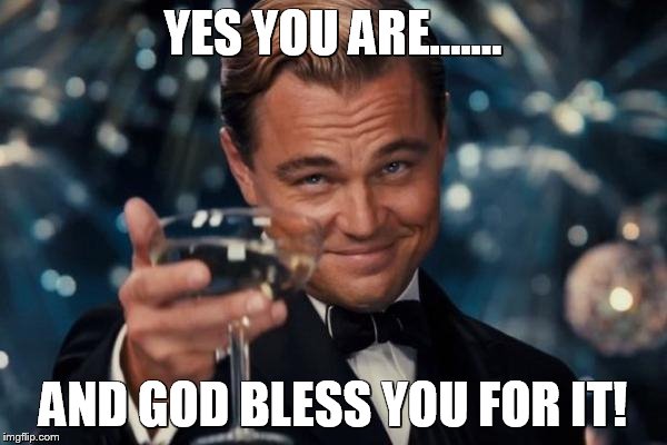 Leonardo Dicaprio Cheers Meme | YES YOU ARE....... AND GOD BLESS YOU FOR IT! | image tagged in memes,leonardo dicaprio cheers | made w/ Imgflip meme maker