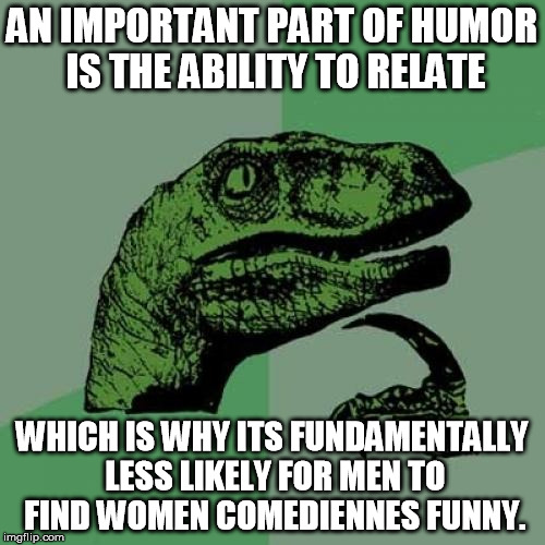 Philosoraptor Meme | AN IMPORTANT PART OF HUMOR IS THE ABILITY TO RELATE WHICH IS WHY ITS FUNDAMENTALLY LESS LIKELY FOR MEN TO FIND WOMEN COMEDIENNES FUNNY. | image tagged in memes,philosoraptor | made w/ Imgflip meme maker