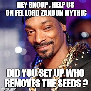 Snoop dogg | HEY SNOOP , HELP US ON FEL LORD ZAKUUN MYTHIC DID YOU SET UP WHO REMOVES THE SEEDS ? | image tagged in snoop dogg | made w/ Imgflip meme maker