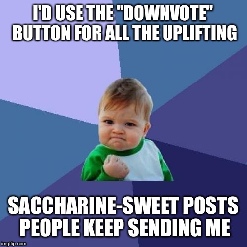 Success Kid Meme | I'D USE THE "DOWNVOTE" BUTTON FOR ALL THE UPLIFTING SACCHARINE-SWEET POSTS PEOPLE KEEP SENDING ME | image tagged in memes,success kid | made w/ Imgflip meme maker