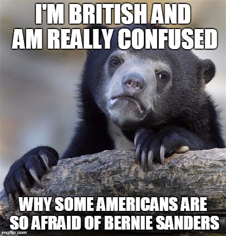 Confession Bear | I'M BRITISH AND AM REALLY CONFUSED WHY SOME AMERICANS ARE SO AFRAID OF BERNIE SANDERS | image tagged in memes,confession bear | made w/ Imgflip meme maker