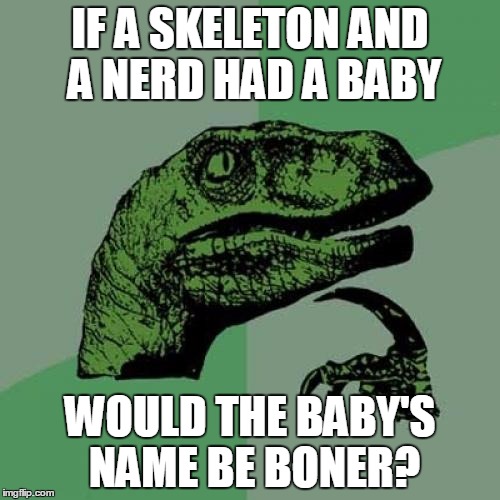 Philosoraptor Meme | IF A SKELETON AND A NERD HAD A BABY WOULD THE BABY'S NAME BE BONER? | image tagged in memes,philosoraptor | made w/ Imgflip meme maker