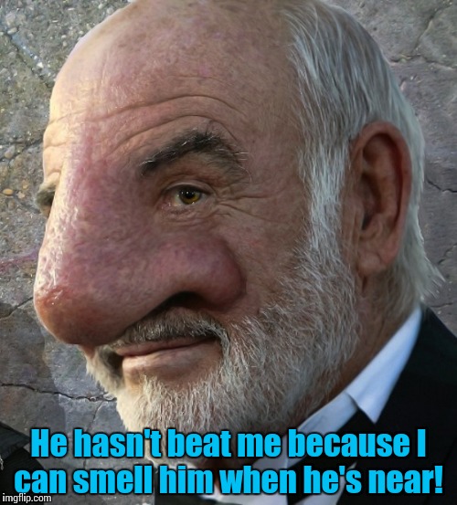 Sean Connery nose close up | He hasn't beat me because I can smell him when he's near! | image tagged in sean connery nose close up | made w/ Imgflip meme maker
