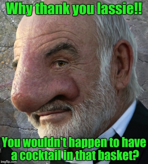 Sean Connery nose close up | Why thank you lassie!! You wouldn't happen to have a cocktail in that basket? | image tagged in sean connery nose close up | made w/ Imgflip meme maker