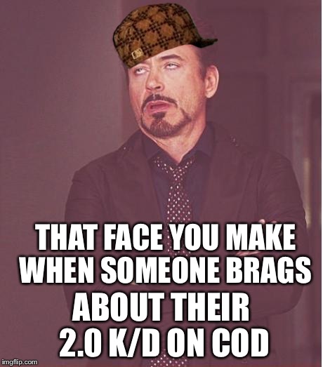 Face You Make Robert Downey Jr | THAT FACE YOU MAKE WHEN SOMEONE BRAGS ABOUT THEIR 2.0 K/D ON COD | image tagged in memes,face you make robert downey jr,scumbag | made w/ Imgflip meme maker