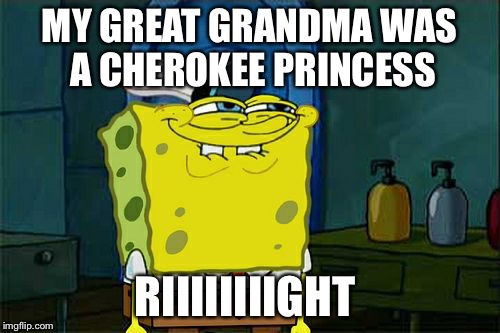 Don't You Squidward Meme | MY GREAT GRANDMA WAS A CHEROKEE PRINCESS RIIIIIIIIGHT | image tagged in memes,dont you squidward | made w/ Imgflip meme maker