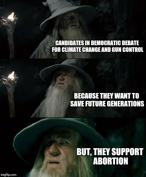 Democrats logic in debate | CANDIDATES IN DEMOCRATIC DEBATE FOR CLIMATE CHANGE AND GUN CONTROL BECAUSE THEY WANT TO SAVE FUTURE GENERATIONS BUT, THEY SUPPORT ABORTION | image tagged in memes,confused gandalf,democrats,debate,funny memes,hillary clinton | made w/ Imgflip meme maker