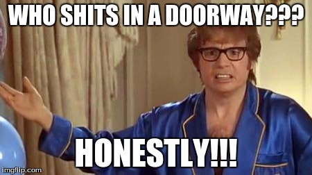 Austin Powers Honestly | WHO SHITS IN A DOORWAY??? HONESTLY!!! | image tagged in memes,austin powers honestly | made w/ Imgflip meme maker