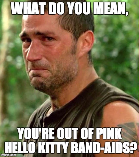 WHAT DO YOU MEAN, YOU'RE OUT OF PINK HELLO KITTY BAND-AIDS? | image tagged in lost | made w/ Imgflip meme maker