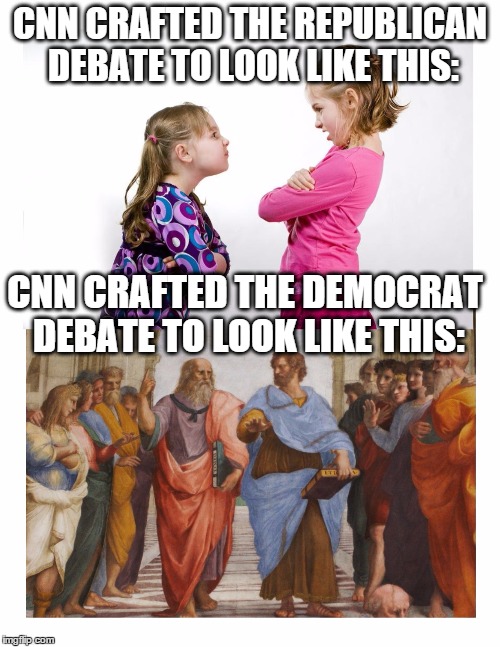 CNN Weaves a Tale.. | CNN CRAFTED THE REPUBLICAN DEBATE TO LOOK LIKE THIS: CNN CRAFTED THE DEMOCRAT DEBATE TO LOOK LIKE THIS: | image tagged in rep and dem debates on cnn,cnn | made w/ Imgflip meme maker