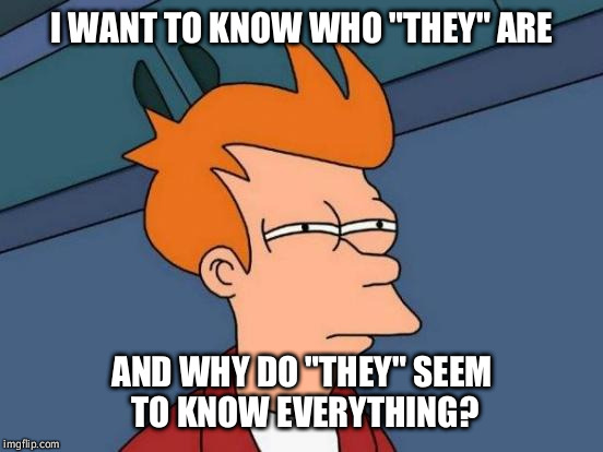 Futurama Fry | I WANT TO KNOW WHO "THEY" ARE AND WHY DO "THEY" SEEM TO KNOW EVERYTHING? | image tagged in memes,futurama fry | made w/ Imgflip meme maker