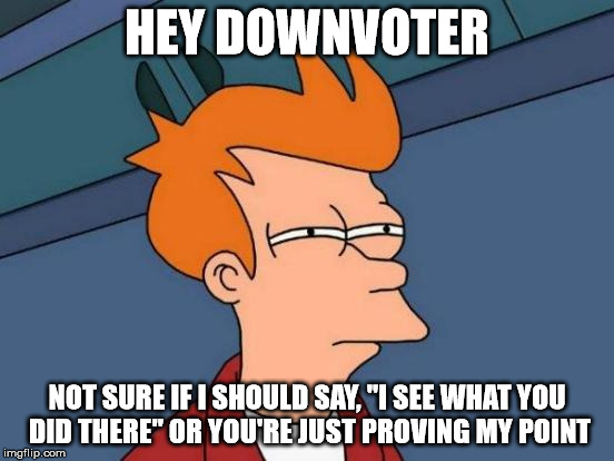 Futurama Fry Meme | HEY DOWNVOTER NOT SURE IF I SHOULD SAY, "I SEE WHAT YOU DID THERE" OR YOU'RE JUST PROVING MY POINT | image tagged in memes,futurama fry | made w/ Imgflip meme maker