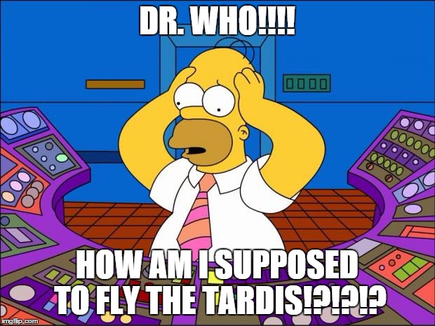 Homer can't fly a phone box. | DR. WHO!!!! HOW AM I SUPPOSED TO FLY THE TARDIS!?!?!? | image tagged in homer panic | made w/ Imgflip meme maker