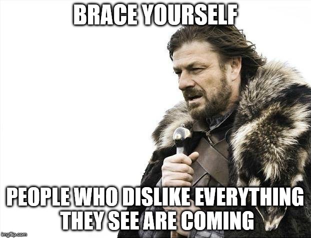 Brace Yourselves X is Coming Meme | BRACE YOURSELF PEOPLE WHO DISLIKE EVERYTHING THEY SEE ARE COMING | image tagged in memes,brace yourselves x is coming | made w/ Imgflip meme maker