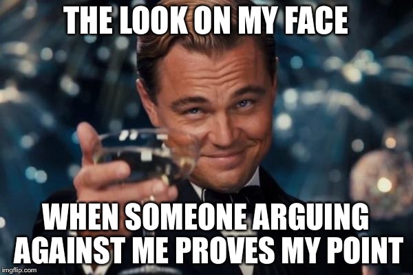 Leonardo Dicaprio Cheers | THE LOOK ON MY FACE WHEN SOMEONE ARGUING AGAINST ME PROVES MY POINT | image tagged in memes,leonardo dicaprio cheers | made w/ Imgflip meme maker