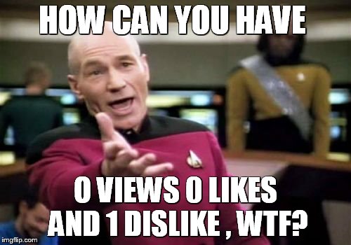 Picard Wtf | HOW CAN YOU HAVE O VIEWS 0 LIKES AND 1 DISLIKE , WTF? | image tagged in memes,picard wtf | made w/ Imgflip meme maker