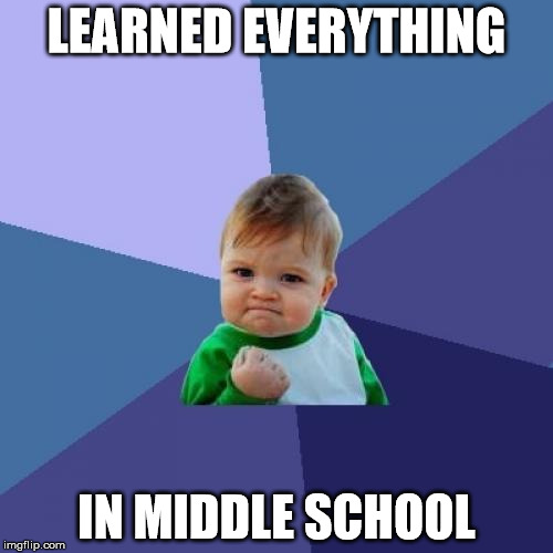 Success Kid Meme | LEARNED EVERYTHING IN MIDDLE SCHOOL | image tagged in memes,success kid | made w/ Imgflip meme maker