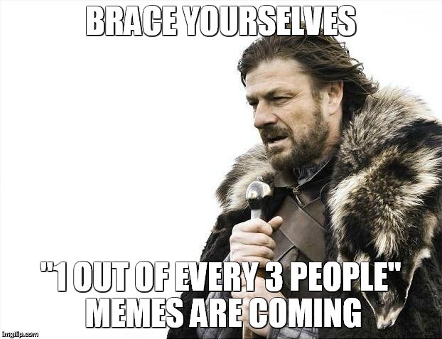 Brace Yourselves X is Coming Meme | BRACE YOURSELVES "1 OUT OF EVERY 3 PEOPLE" MEMES ARE COMING | image tagged in memes,brace yourselves x is coming | made w/ Imgflip meme maker
