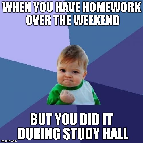 Success Kid | WHEN YOU HAVE HOMEWORK OVER THE WEEKEND BUT YOU DID IT DURING STUDY HALL | image tagged in memes,success kid | made w/ Imgflip meme maker