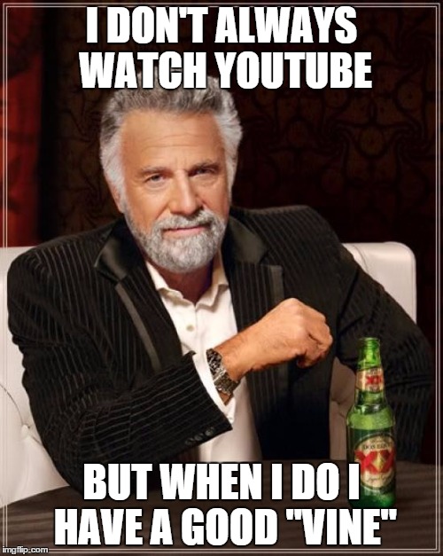 The Most Interesting Man In The World Meme | I DON'T ALWAYS WATCH YOUTUBE BUT WHEN I DO I HAVE A GOOD "VINE" | image tagged in memes,the most interesting man in the world | made w/ Imgflip meme maker
