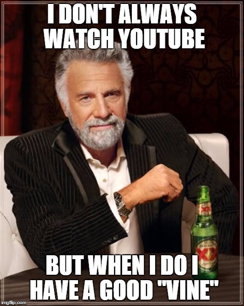 The Most Interesting Man In The World | I DON'T ALWAYS WATCH YOUTUBE BUT WHEN I DO I HAVE A GOOD "VINE" | image tagged in memes,the most interesting man in the world | made w/ Imgflip meme maker