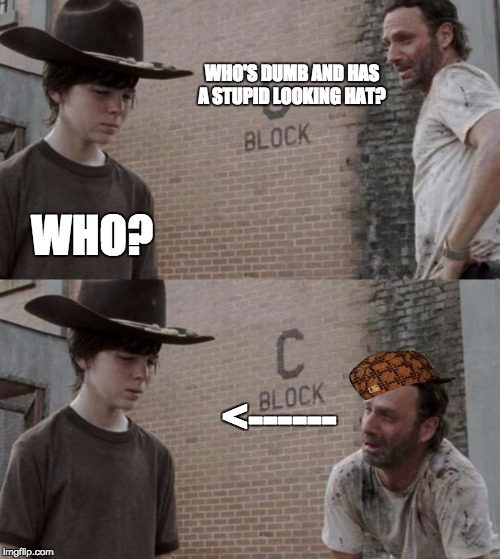 Rick and Carl | WHO'S DUMB AND HAS A STUPID LOOKING HAT? WHO? <------ | image tagged in memes,rick and carl,scumbag | made w/ Imgflip meme maker